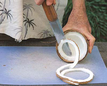 Cutting coconut strips with coconut slicing knife.